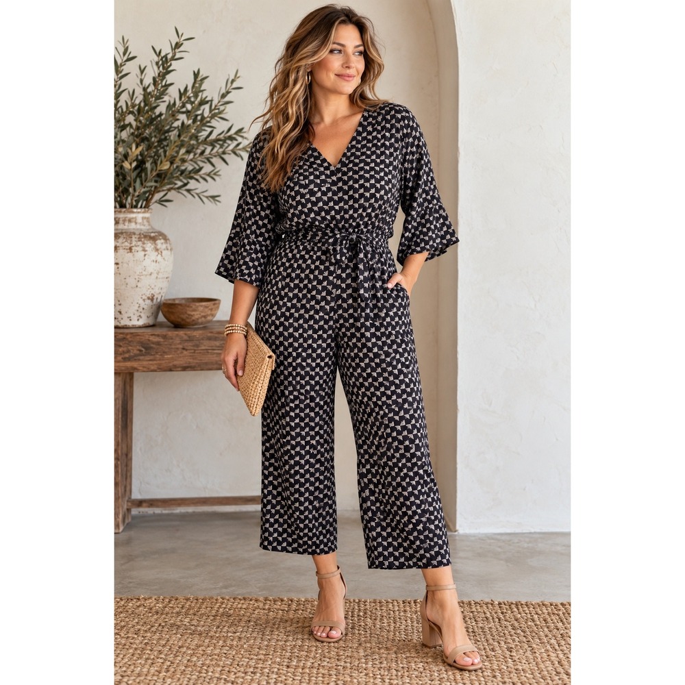 Joie Geometric Print Belted Jumpsuit Black White V-Neck Wide Leg XS Office